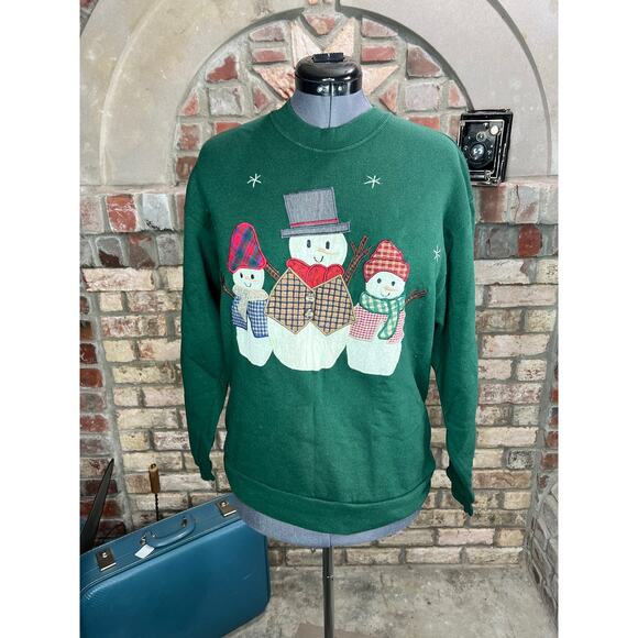 sweatshirt Vintage 1980s appliqué snowmen green red Christmas - Picture 1 of 10
